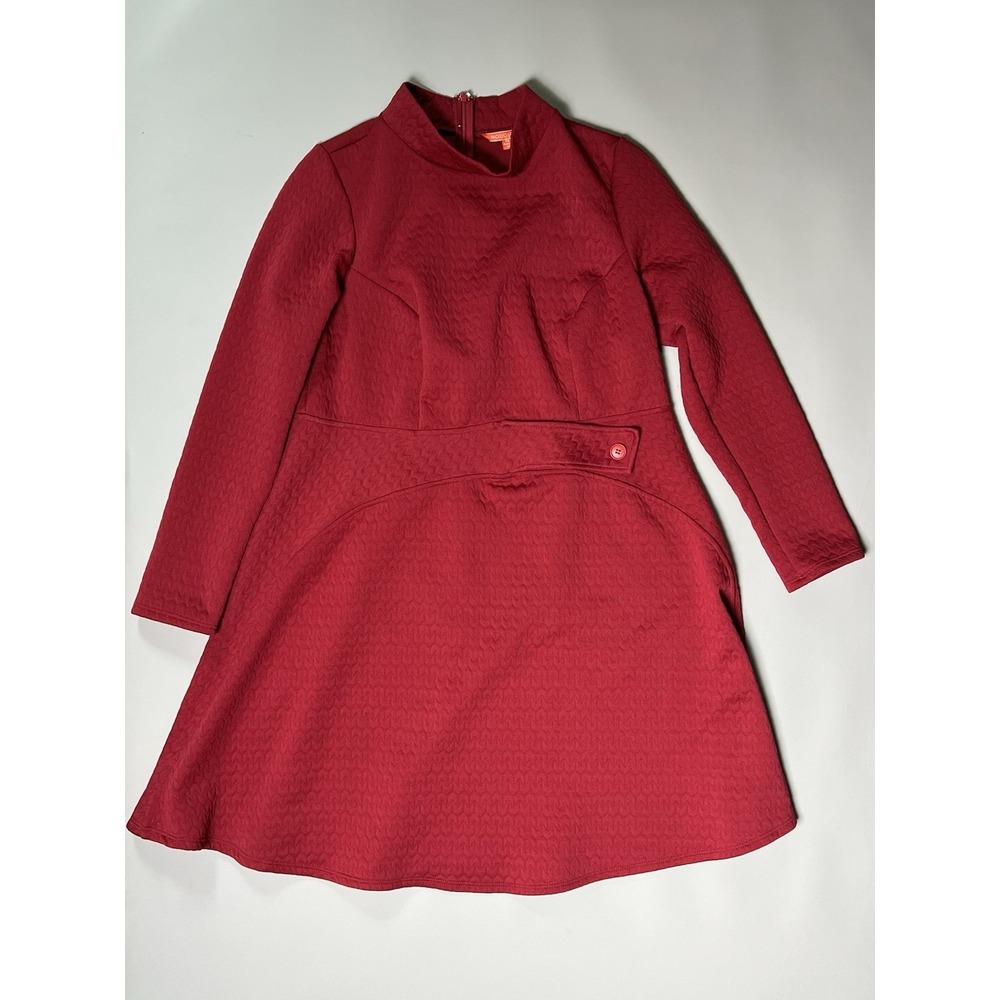 ModCloth‎ Women's Plus 1X Red Houndstooth High Neck A-Line Knee Dress Zip